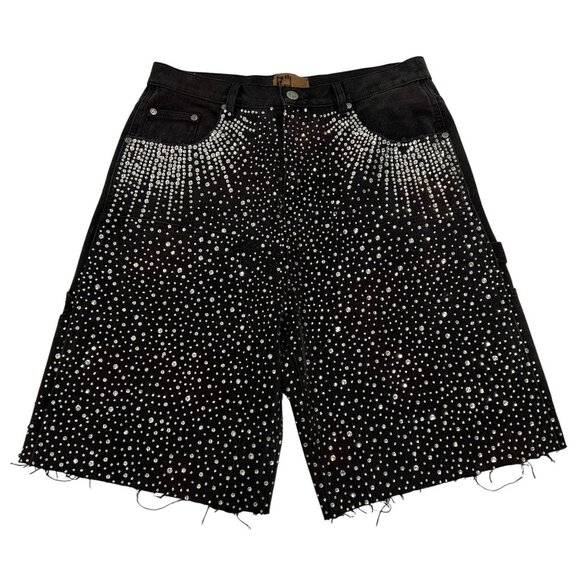 Birth of Royal Child Crystal-embellished Washed-Denim Shorts in Black - Picture 1 of 5